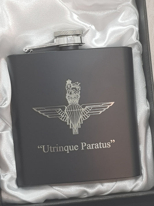 Parachute Regiment matte black engraved Hip flask - Bespoke Emerald Embroidery Ltd